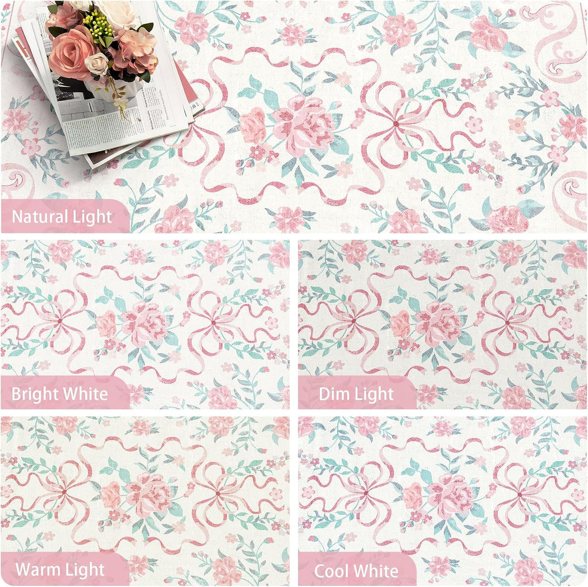 3'x5' Washable Pink Area Rug Floral Bow Small Rug with Rubber Back