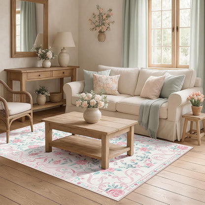 3'x5' Washable Pink Area Rug Floral Bow Small Rug with Rubber Back