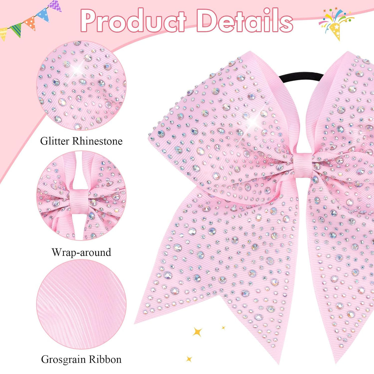 Rhinestones Cheer Bows for Cheerleaders, Pink Glitter Cheer Hair Bows