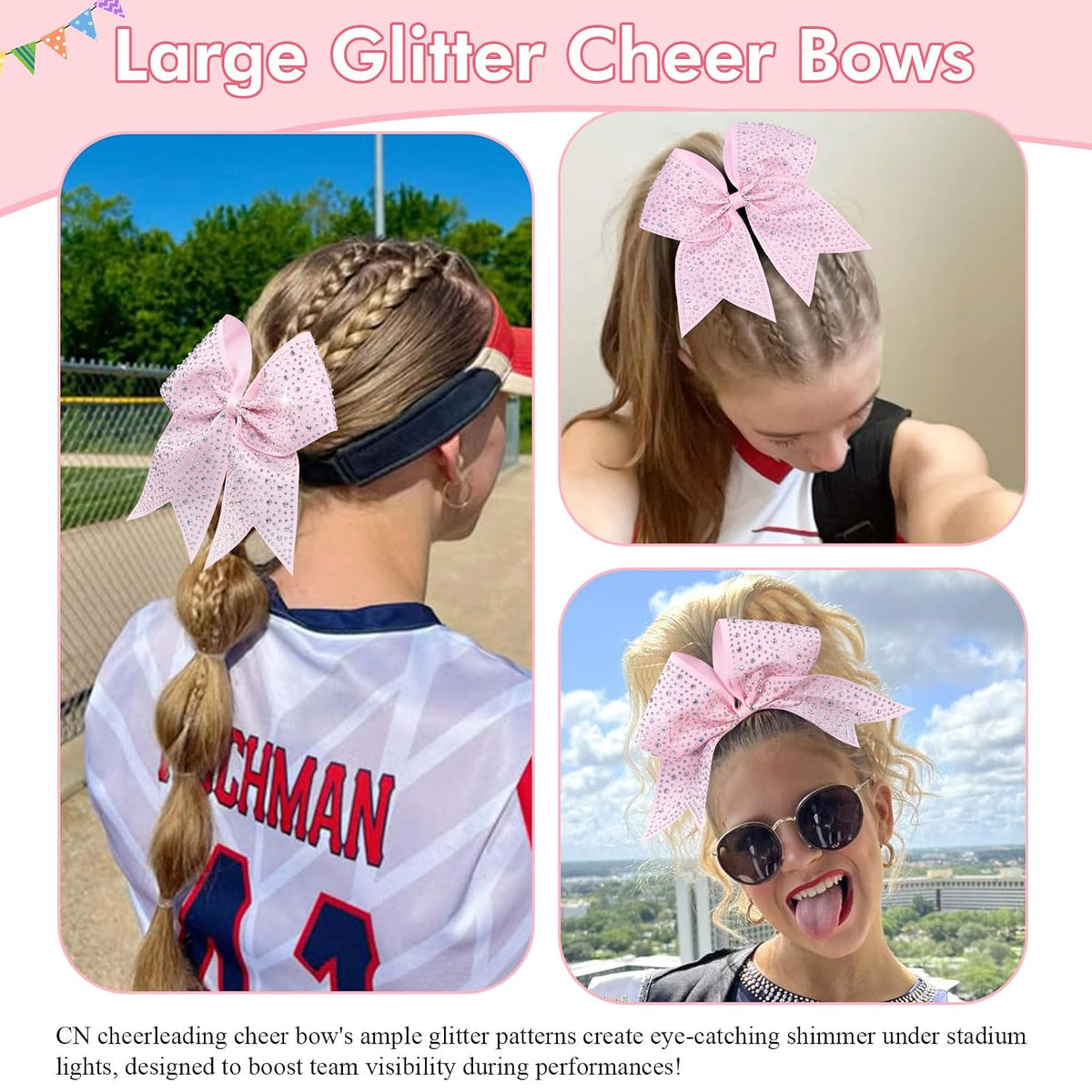 Rhinestones Cheer Bows for Cheerleaders, Pink Glitter Cheer Hair Bows