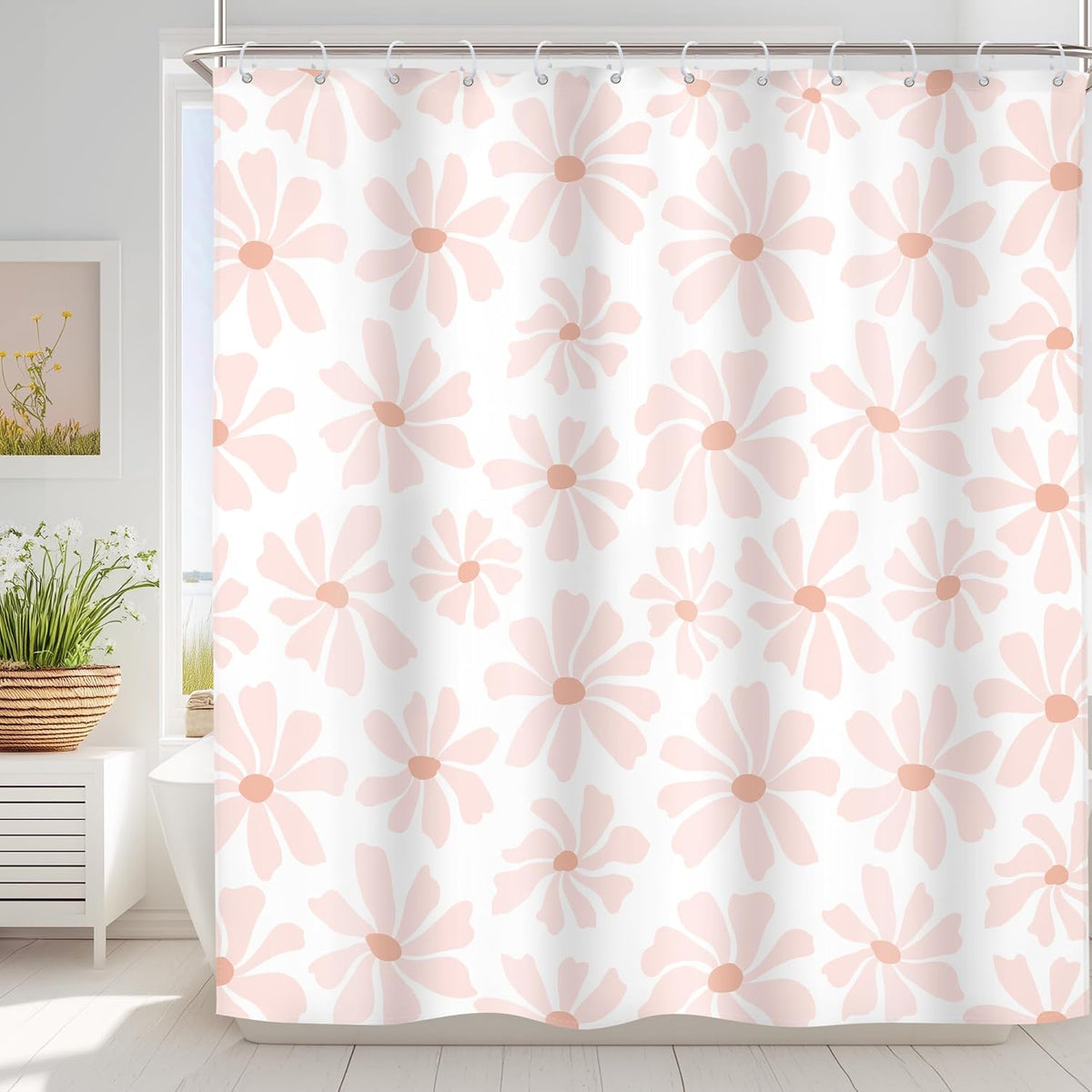 Pink Cute Shower Curtain Set Girls Kids Girly Floral Daisy Bathroom Decor