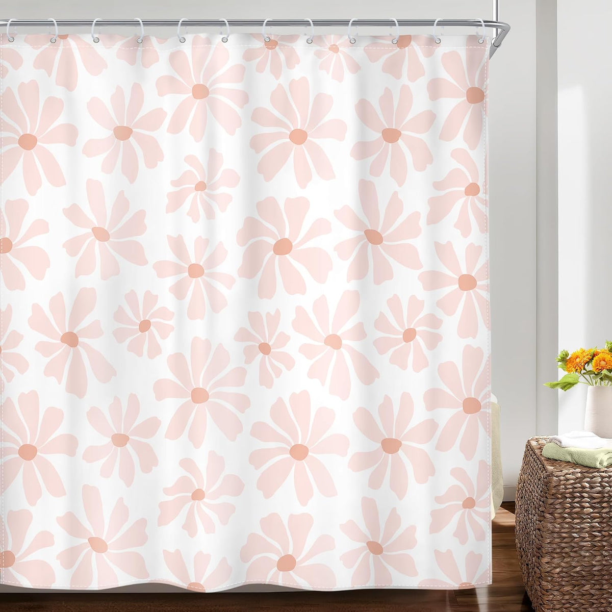Pink Cute Shower Curtain Set Girls Kids Girly Floral Daisy Bathroom Decor