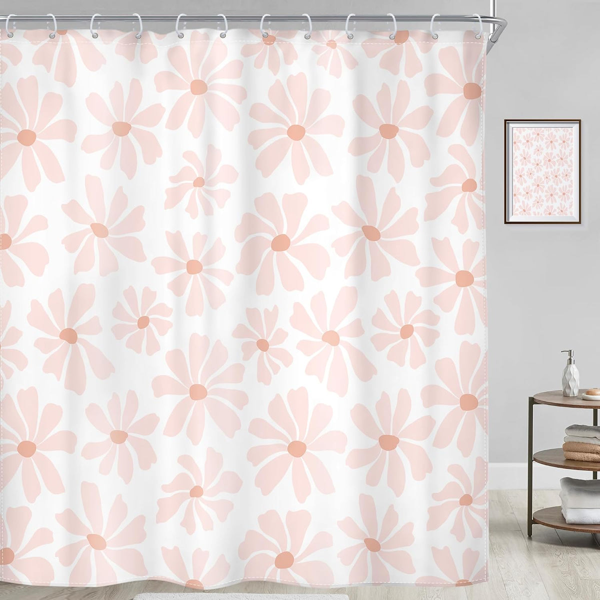Pink Cute Shower Curtain Set Girls Kids Girly Floral Daisy Bathroom Decor