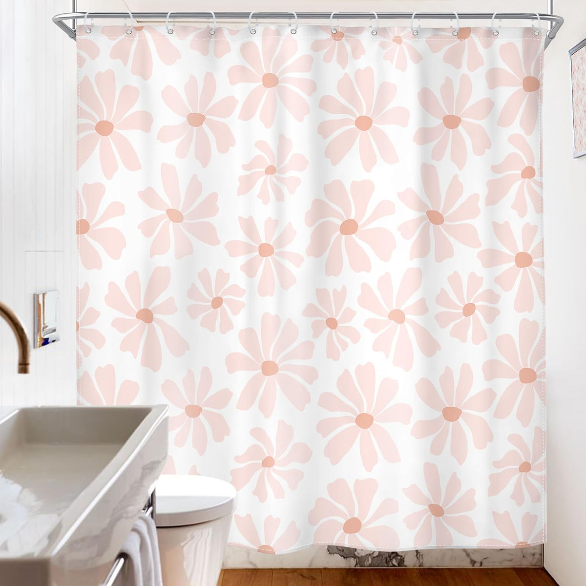Pink Cute Shower Curtain Set Girls Kids Girly Floral Daisy Bathroom Decor