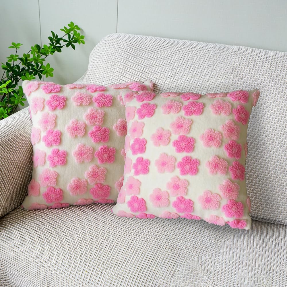 Pink Floral Throw Pillow Covers 18x18 Inch Set of 2, Flower Jacquard Farmhouse Decorative Faux Fur Cushion Cases for Sofa Bedroom Living Room Home Decor Pink x2