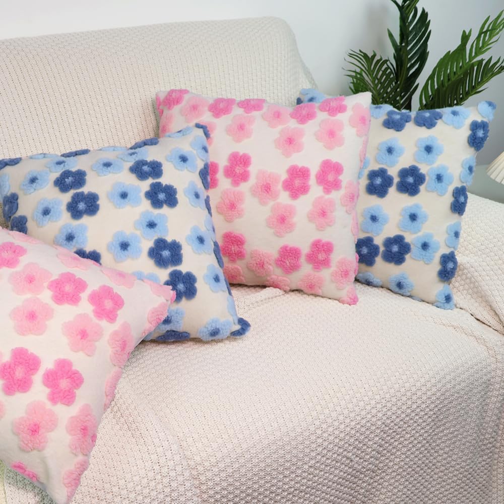 Pink Floral Throw Pillow Covers 18x18 Inch Set of 2, Flower Jacquard Farmhouse Decorative Faux Fur Cushion Cases for Sofa Bedroom Living Room Home Decor Pink x2