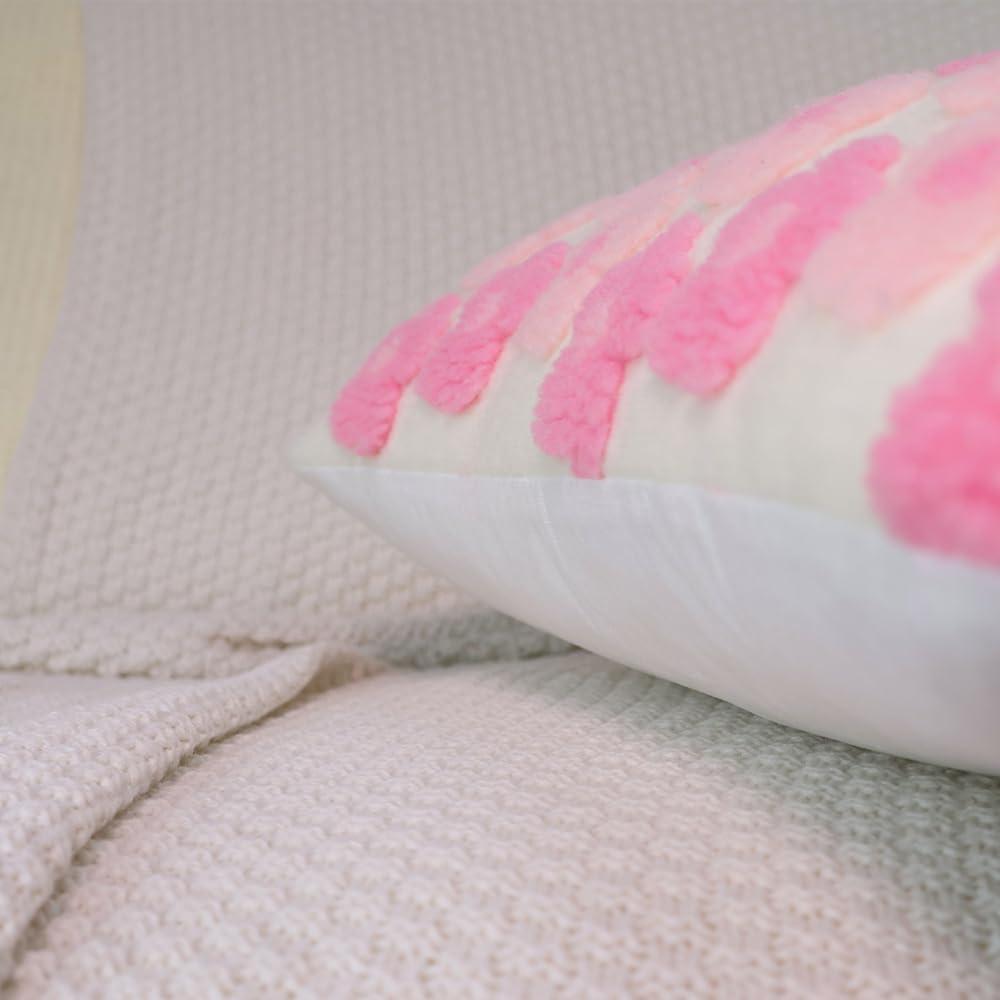 Pink Floral Throw Pillow Covers 18x18 Inch Set of 2, Flower Jacquard Farmhouse Decorative Faux Fur Cushion Cases for Sofa Bedroom Living Room Home Decor Pink x2