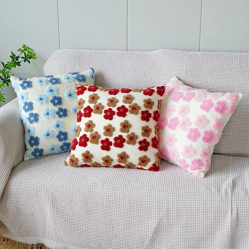 Pink Floral Throw Pillow Covers 18x18 Inch Set of 2, Flower Jacquard Farmhouse Decorative Faux Fur Cushion Cases for Sofa Bedroom Living Room Home Decor Pink x2