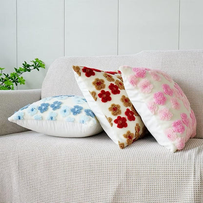 Pink Floral Throw Pillow Covers 18x18 Inch Set of 2, Flower Jacquard Farmhouse Decorative Faux Fur Cushion Cases for Sofa Bedroom Living Room Home Decor Pink x2