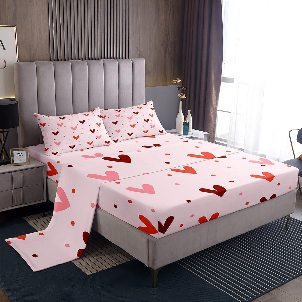 Heart Sheet Set Queen Size Cute Sheets with Deep Pocket Fitted Sheet for Boys Girls Teens Valentine's Day Bed Sheets Set Kawaii Bedding Set Room Decor Peach Pink Bed Set