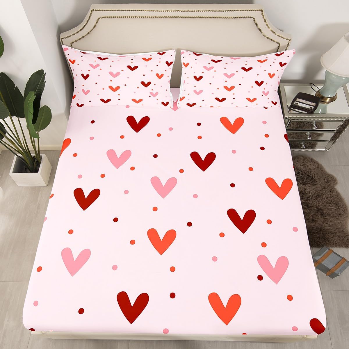 Heart Sheet Set Queen Size Cute Sheets with Deep Pocket Fitted Sheet for Boys Girls Teens Valentine's Day Bed Sheets Set Kawaii Bedding Set Room Decor Peach Pink Bed Set