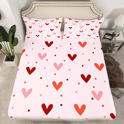 Heart Sheet Set Queen Size Cute Sheets with Deep Pocket Fitted Sheet for Boys Girls Teens Valentine's Day Bed Sheets Set Kawaii Bedding Set Room Decor Peach Pink Bed Set