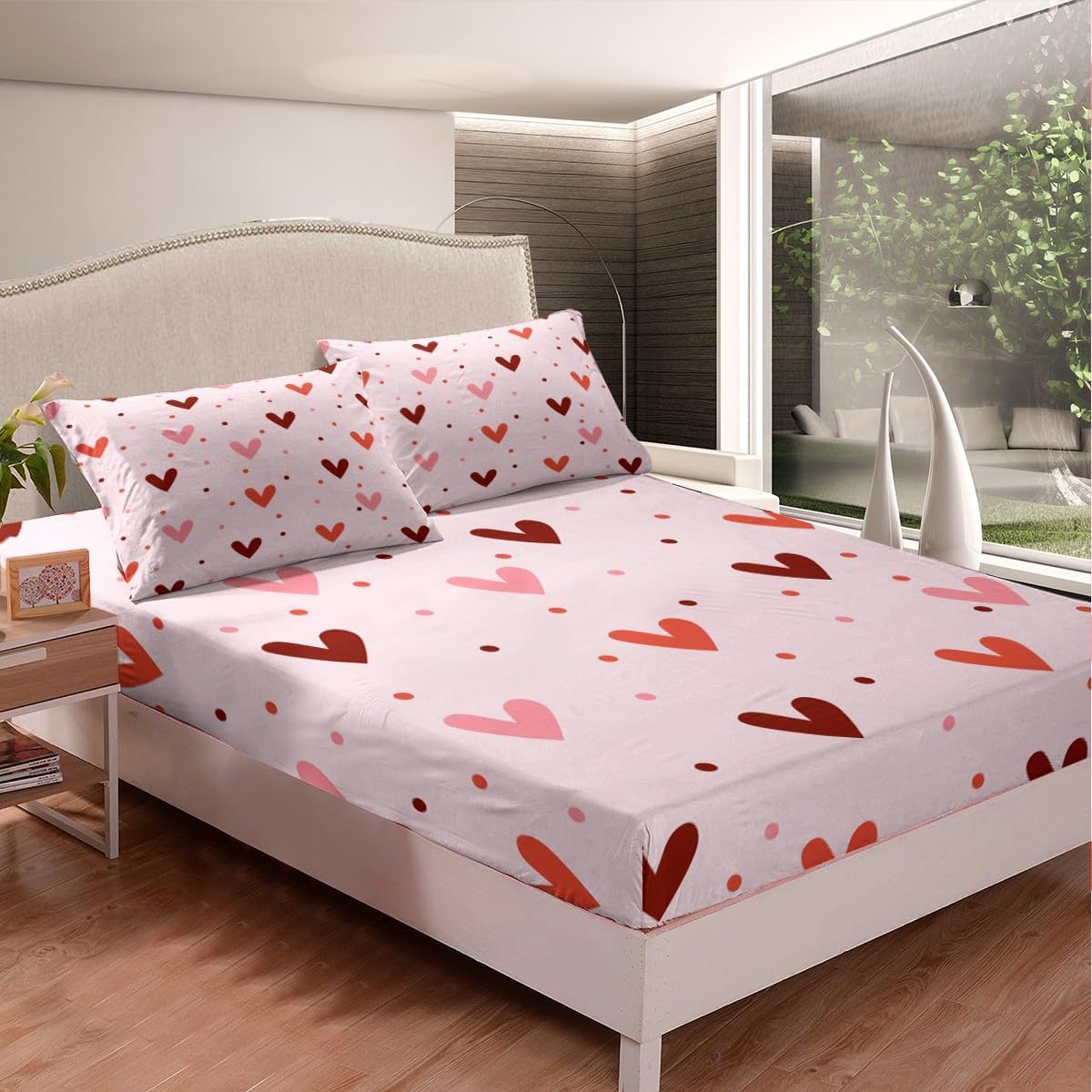 Heart Sheet Set Queen Size Cute Sheets with Deep Pocket Fitted Sheet for Boys Girls Teens Valentine's Day Bed Sheets Set Kawaii Bedding Set Room Decor Peach Pink Bed Set
