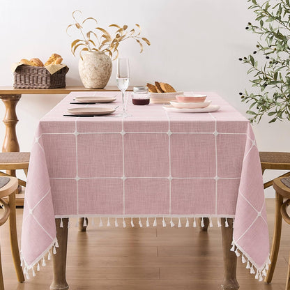 ZeeMart Boho Rectangle Grid Tablecloth with Tassels, Pink 52x70in