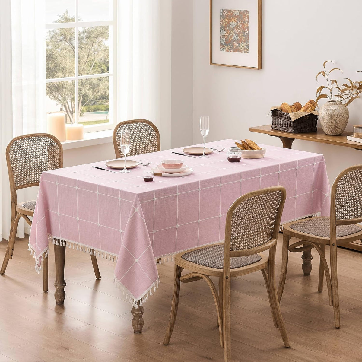ZeeMart Boho Rectangle Grid Tablecloth with Tassels, Pink 52x70in