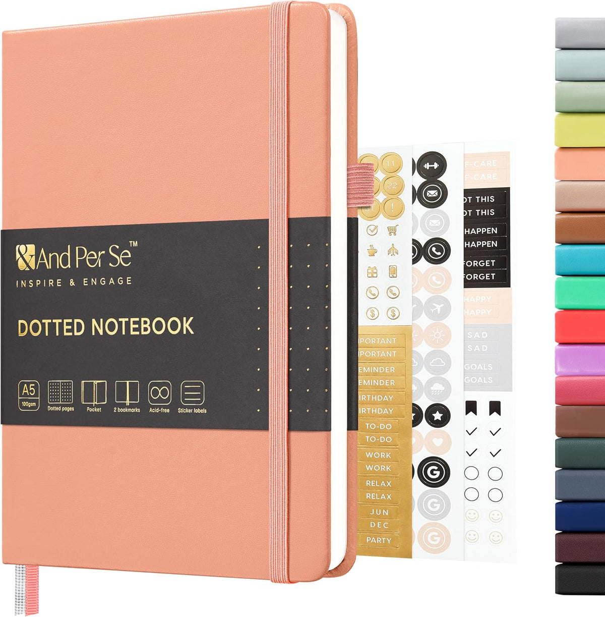 & Dotted Journal Notebook, A5 Hardcover Aesthetic Dotted Notebook – 160 Pages 100gsm Thick Dot Grid Paper, 3 Sticker Sheets – Gift-Ready Journaling Kit for Women (Peach Pink)
