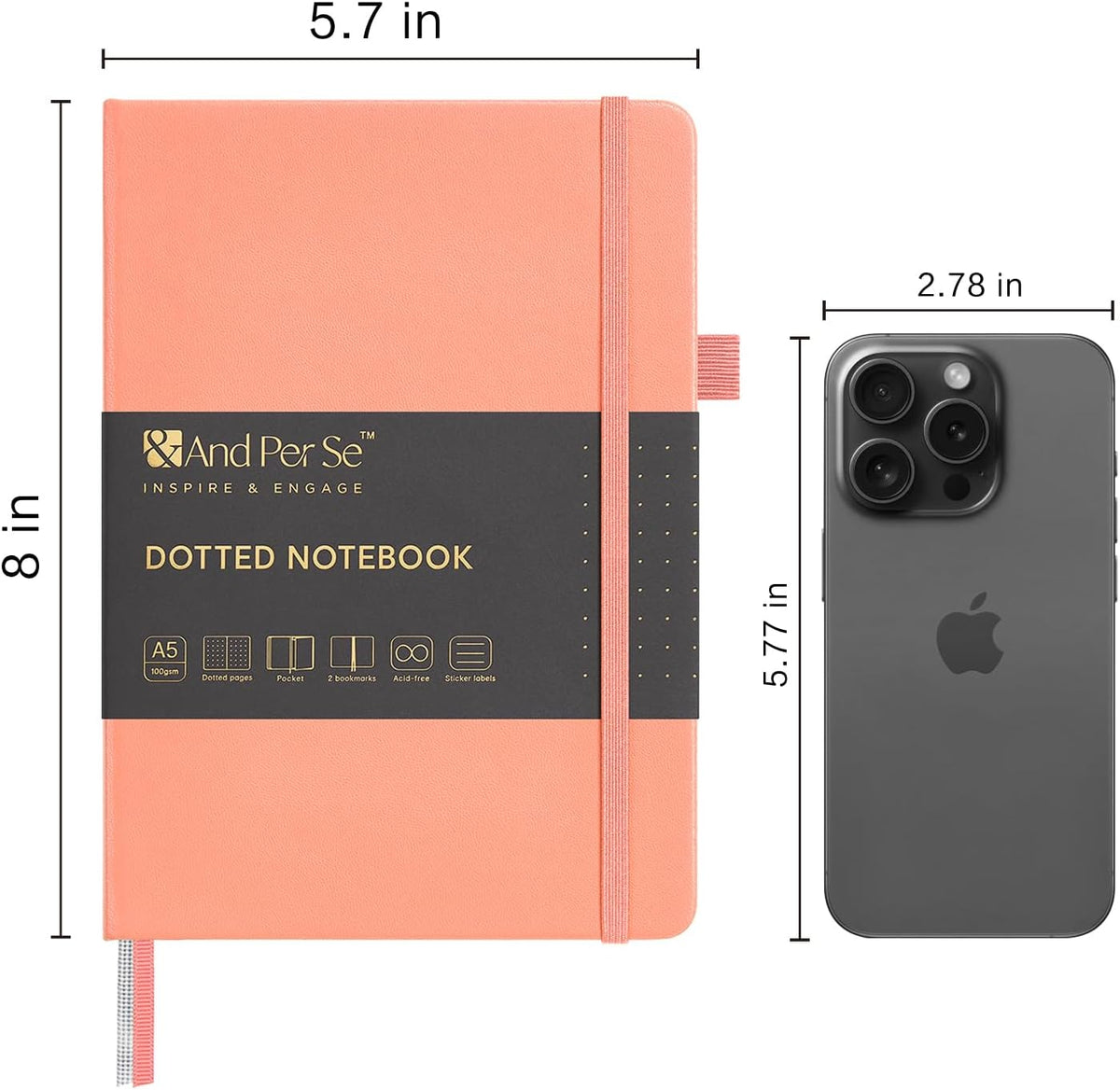 & Dotted Journal Notebook, A5 Hardcover Aesthetic Dotted Notebook – 160 Pages 100gsm Thick Dot Grid Paper, 3 Sticker Sheets – Gift-Ready Journaling Kit for Women (Peach Pink)