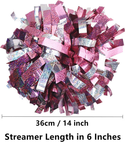 2 Pack 6 Inches Metallic Holographic Cheerleading Pom Poms, Cheer Pom Pom with Baton Handle, Pompoms Cheerleader for Kids Girls Cheering Squad Daily Training Team Spirit