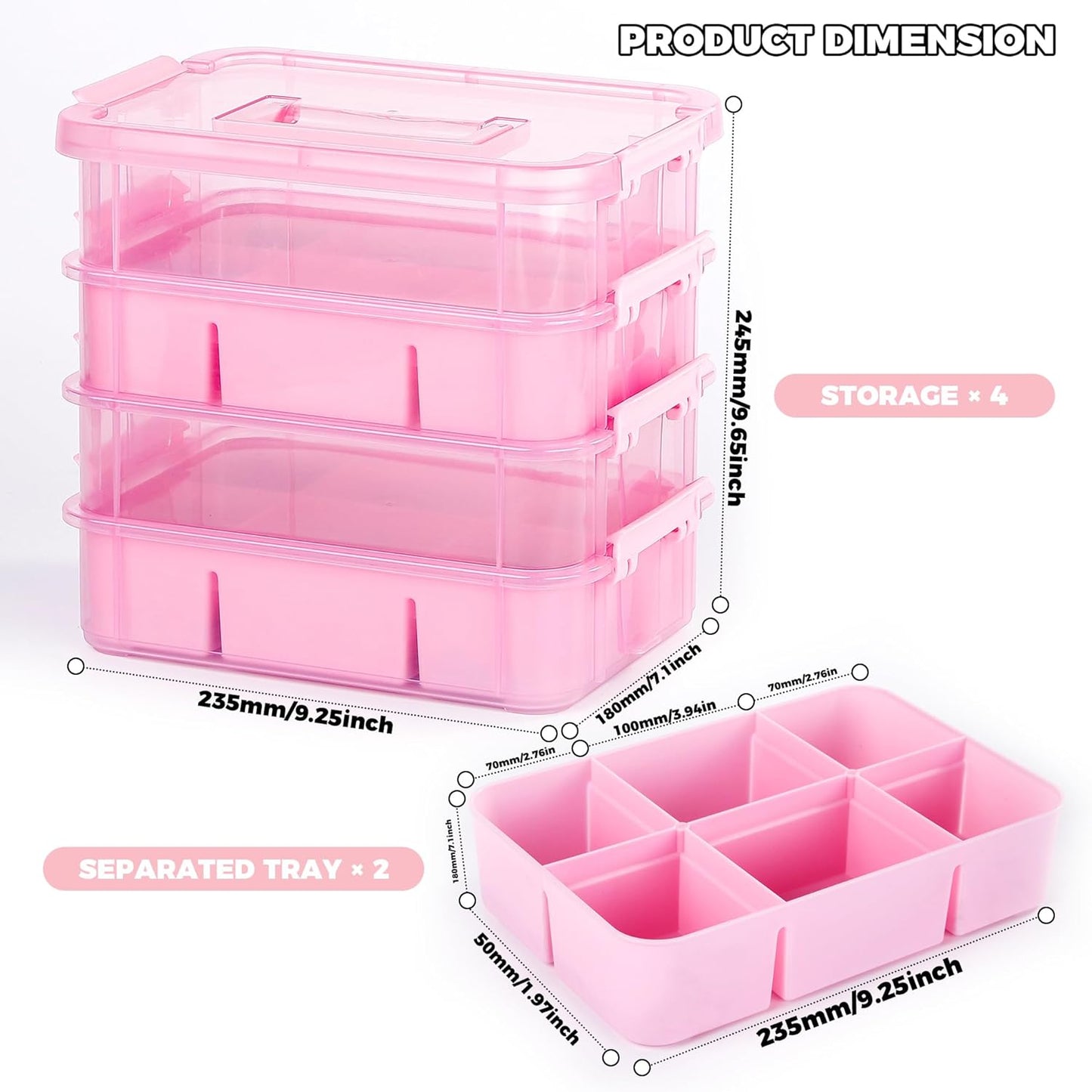 CraftGenes Art Supply Storage Organizer with 2 Removable Trays, 4-Layer 10QT Durable Craft Organizers and Storage for Sewing, Tool, Office Supplies, Art, Craft Supplies(Pink)