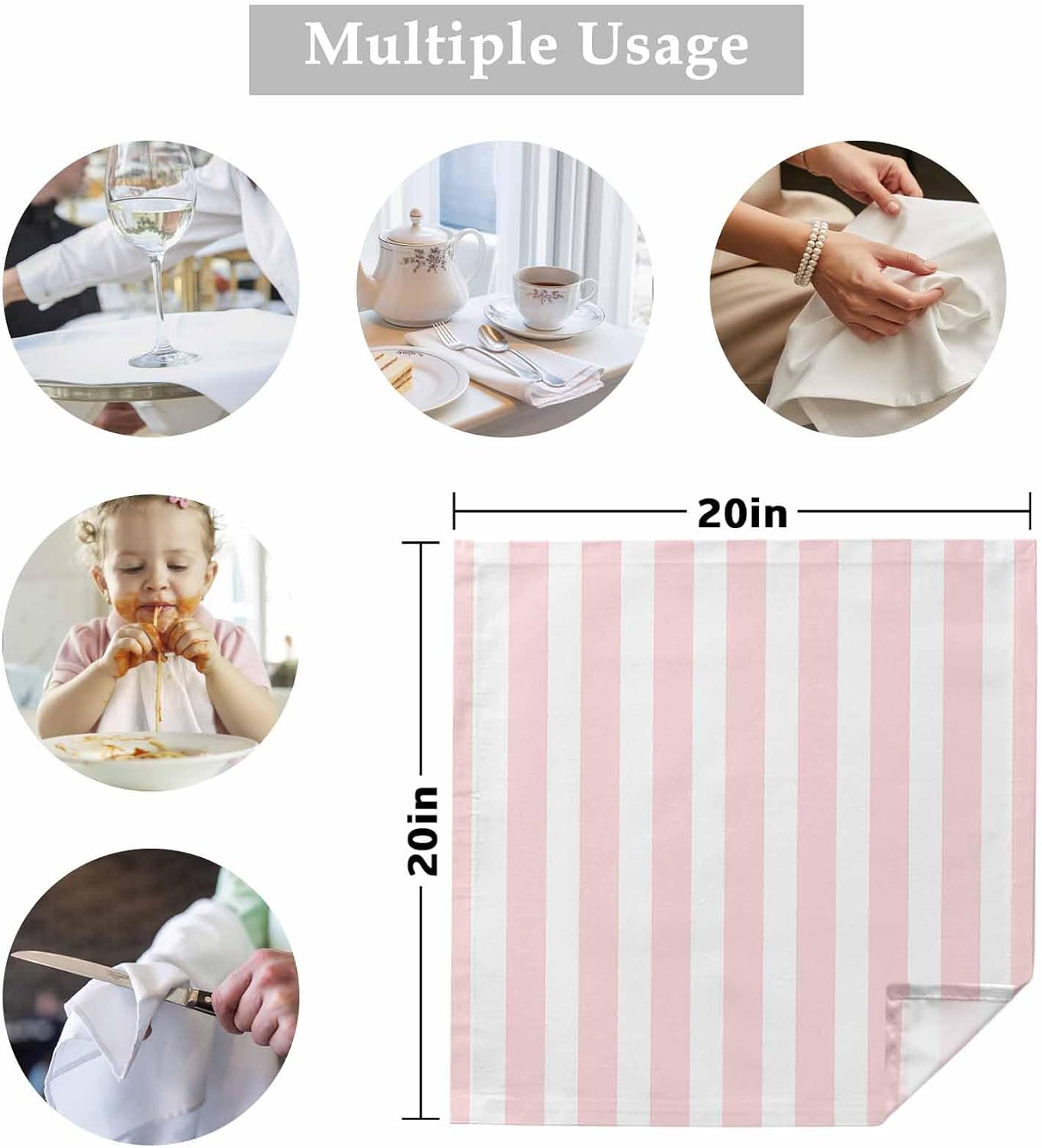 Cloth Napkins Set of 1 Pink Stripes 20x20 Inch Washable Dinner Napkin Pink White Vertical Striped Reusable Soft Table Napkins for Party Wedding Restaurant Hotel