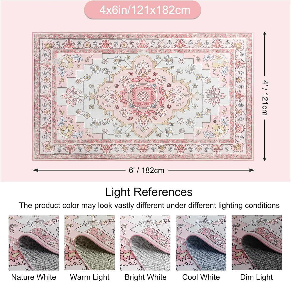 4x6FT Area Rug for Living Room, Washable Area Rug, Pink