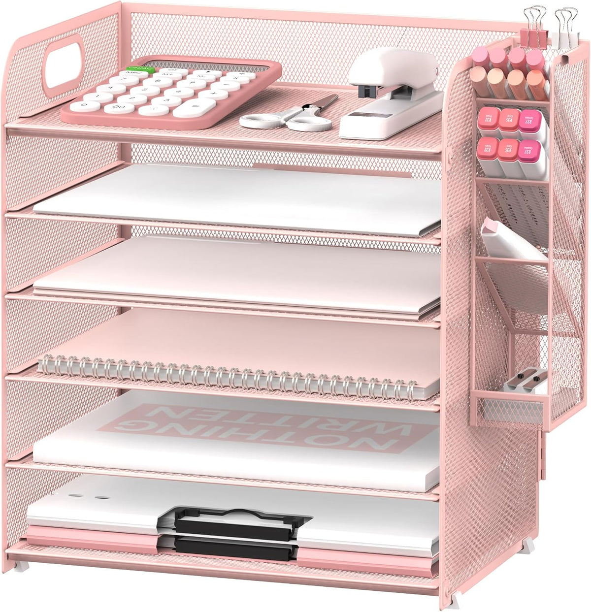 6 Tier Desk Organizer with 4 Pen Holders & Mesh Paper Trays Pink