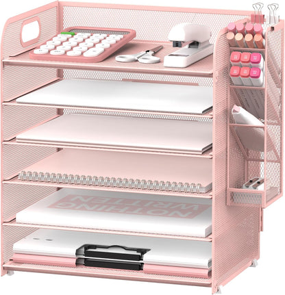 6 Tier Desk Organizer with 4 Pen Holders & Mesh Paper Trays Pink