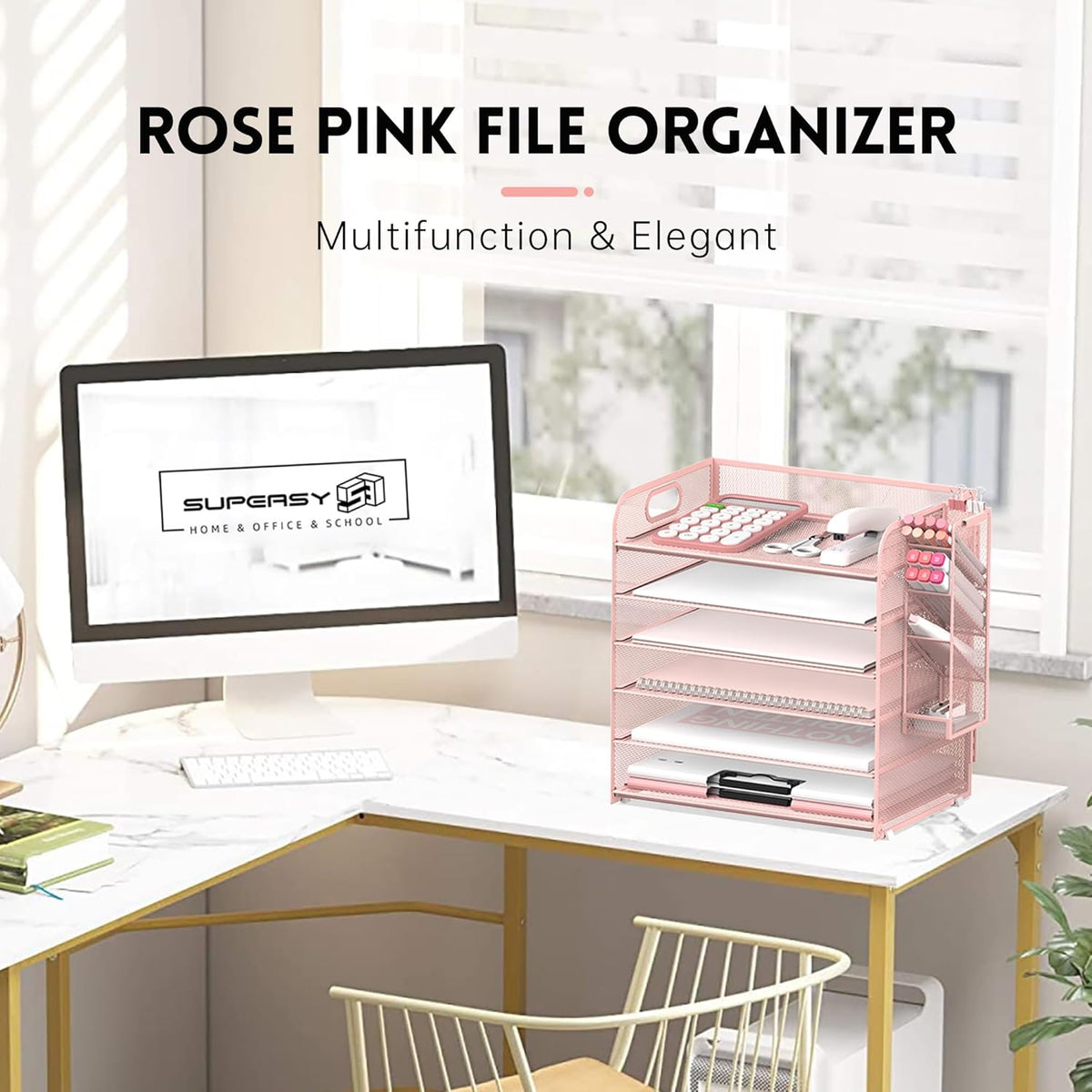 6 Tier Desk Organizer with 4 Pen Holders & Mesh Paper Trays Pink