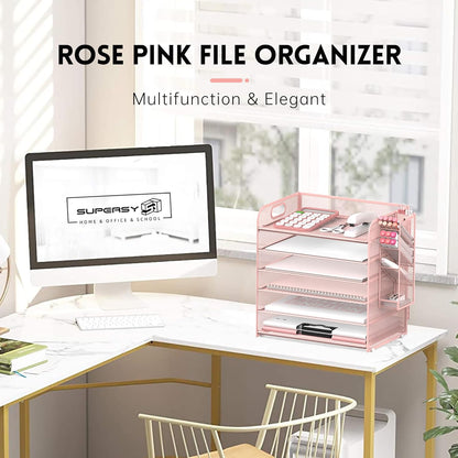 6 Tier Desk Organizer with 4 Pen Holders & Mesh Paper Trays Pink