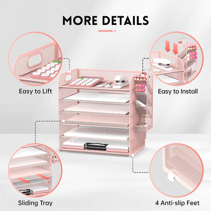 6 Tier Desk Organizer with 4 Pen Holders & Mesh Paper Trays Pink