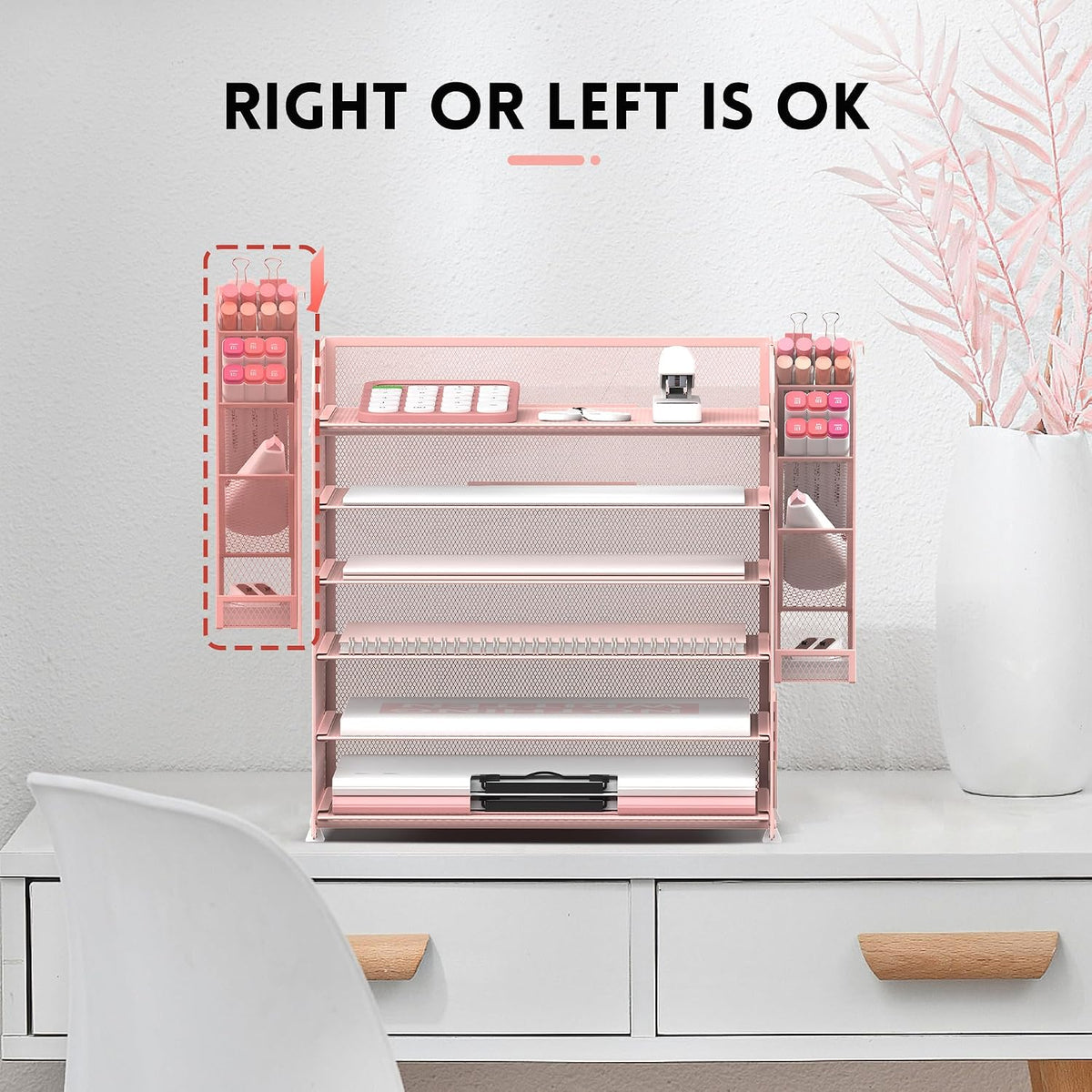 6 Tier Desk Organizer with 4 Pen Holders & Mesh Paper Trays Pink