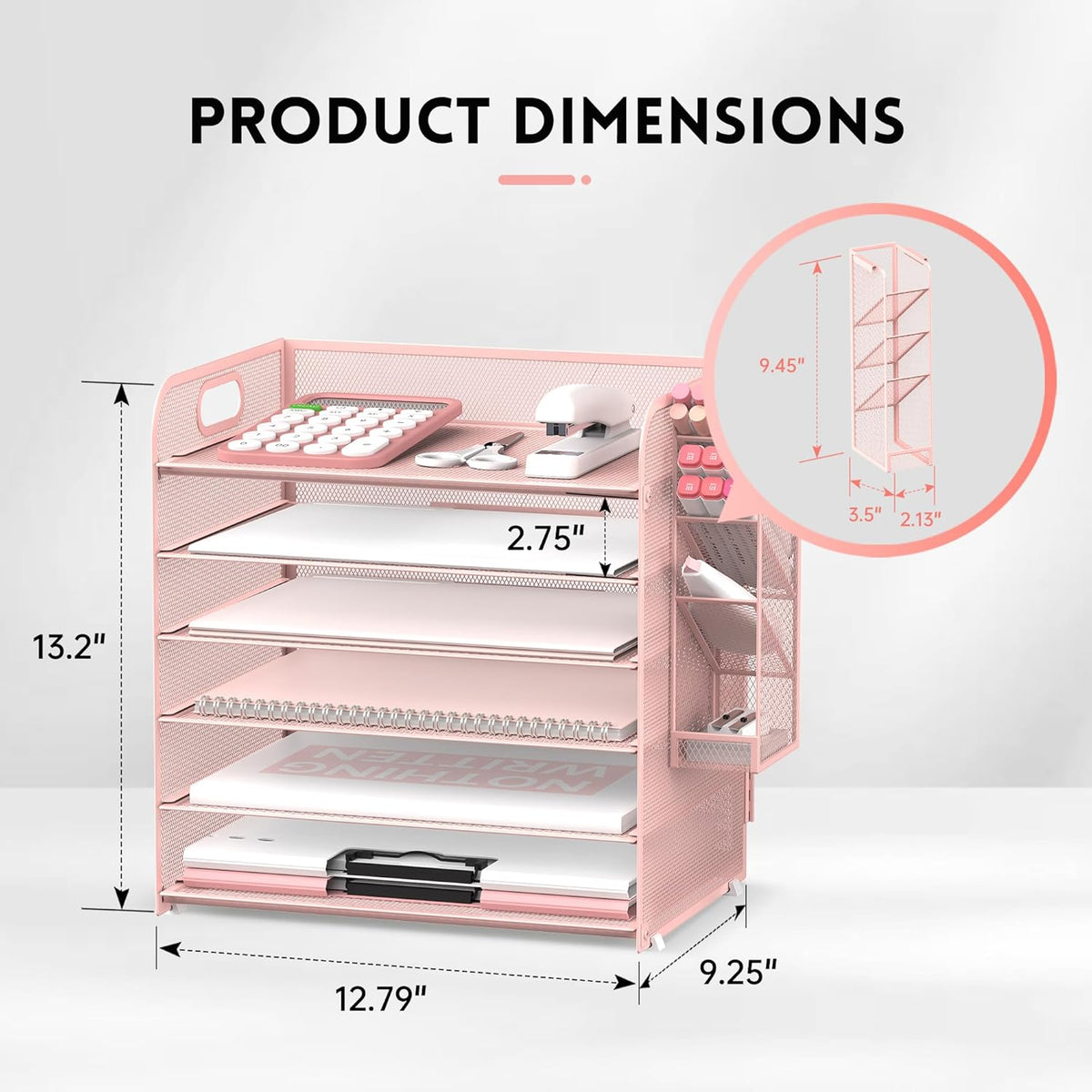 6 Tier Desk Organizer with 4 Pen Holders & Mesh Paper Trays Pink