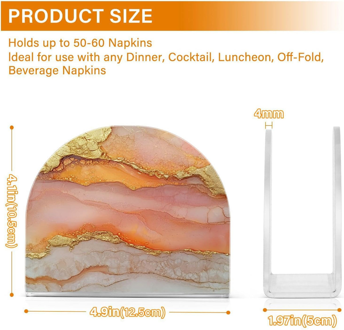 Napkin Caddy for Tabletop 1 Pack Holds 50-60 Napkins Double-Sided Printed Luncheon & Cocktail Napkin Holder Home & Kitchen Use Decorative Tabletop Accessory Marble Peach Gold