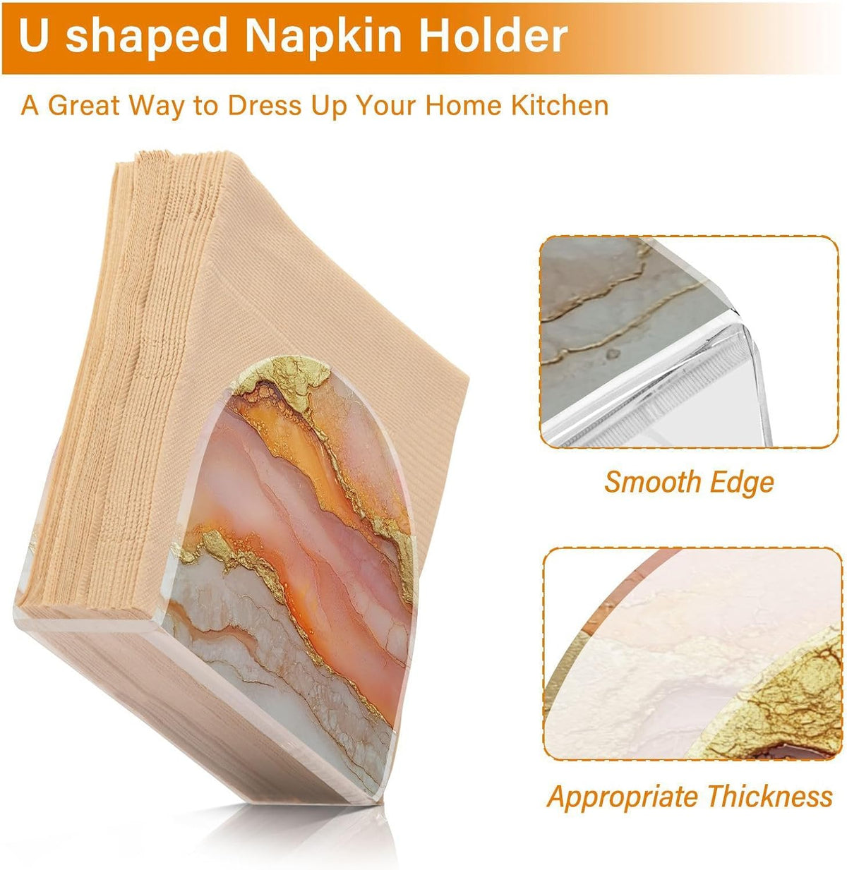 Napkin Caddy for Tabletop 1 Pack Holds 50-60 Napkins Double-Sided Printed Luncheon & Cocktail Napkin Holder Home & Kitchen Use Decorative Tabletop Accessory Marble Peach Gold