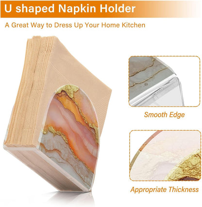 Napkin Caddy for Tabletop 1 Pack Holds 50-60 Napkins Double-Sided Printed Luncheon & Cocktail Napkin Holder Home & Kitchen Use Decorative Tabletop Accessory Marble Peach Gold