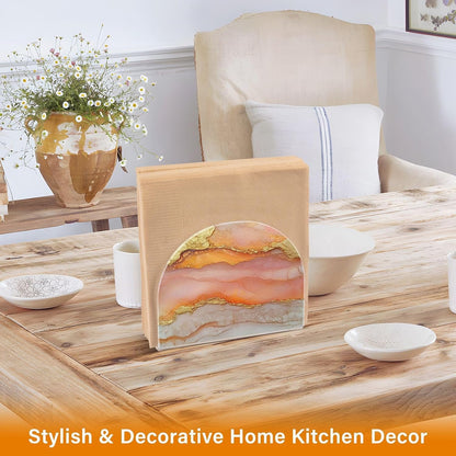 Napkin Caddy for Tabletop 1 Pack Holds 50-60 Napkins Double-Sided Printed Luncheon & Cocktail Napkin Holder Home & Kitchen Use Decorative Tabletop Accessory Marble Peach Gold
