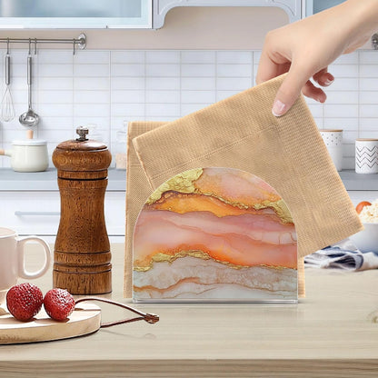 Napkin Caddy for Tabletop 1 Pack Holds 50-60 Napkins Double-Sided Printed Luncheon & Cocktail Napkin Holder Home & Kitchen Use Decorative Tabletop Accessory Marble Peach Gold