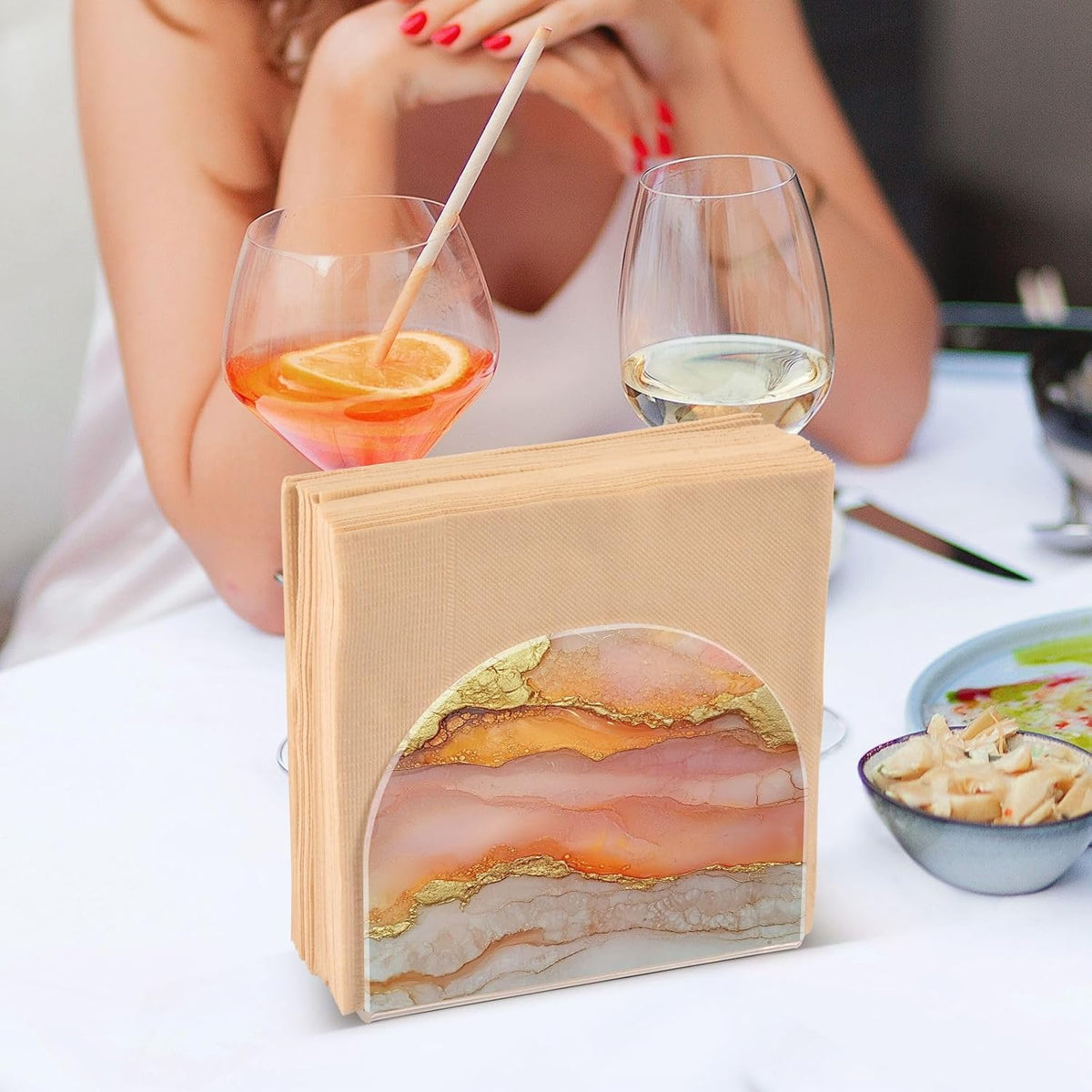 Napkin Caddy for Tabletop 1 Pack Holds 50-60 Napkins Double-Sided Printed Luncheon & Cocktail Napkin Holder Home & Kitchen Use Decorative Tabletop Accessory Marble Peach Gold