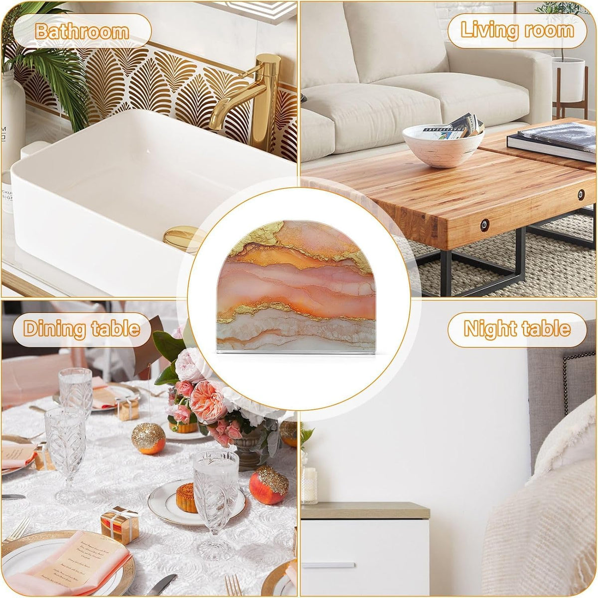 Napkin Caddy for Tabletop 1 Pack Holds 50-60 Napkins Double-Sided Printed Luncheon & Cocktail Napkin Holder Home & Kitchen Use Decorative Tabletop Accessory Marble Peach Gold