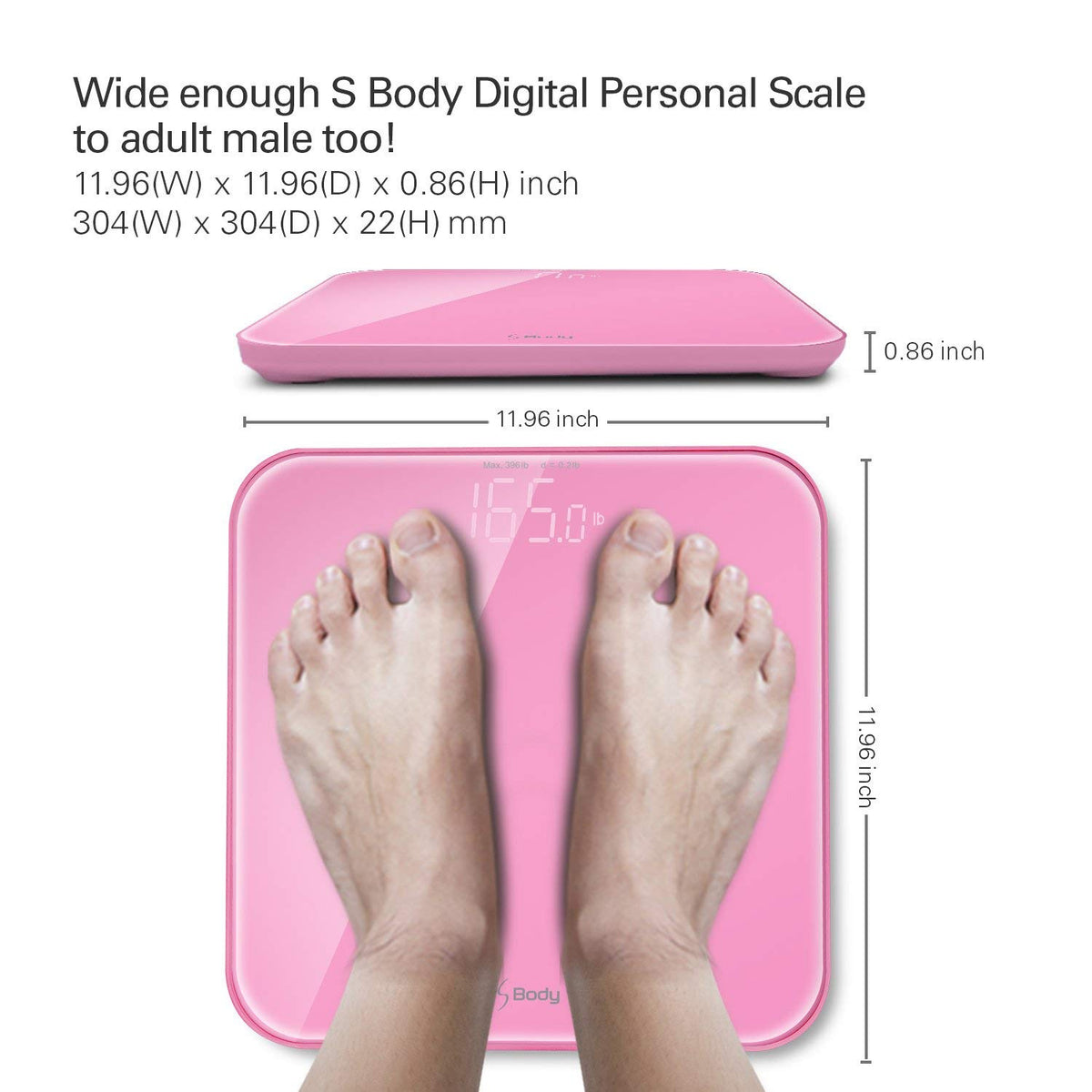S Body High Precision Ultra Wide Digital Body Weight Bathroom Scale up to 396lb/180kg, Super-Clear Large LED Display,Step-On Technology, Pink