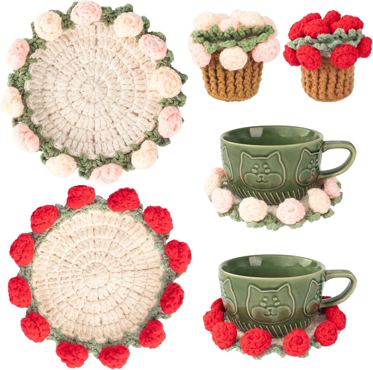 Crochet Flowers Coasters with Basket,Handmade Rose Bouquet Blanket Kawaii Decor Coaster for Desk,Coffee Table,Home Decor,Wedding Gift,Housewarming,Birthda(2Pcs) (Red,Pink)