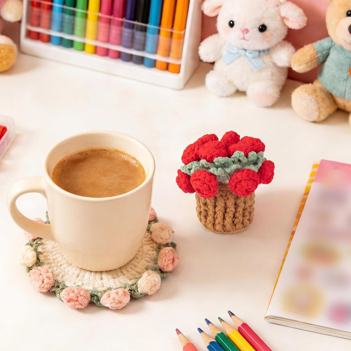 Crochet Flowers Coasters with Basket,Handmade Rose Bouquet Blanket Kawaii Decor Coaster for Desk,Coffee Table,Home Decor,Wedding Gift,Housewarming,Birthda(2Pcs) (Red,Pink)