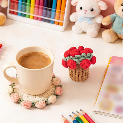 Crochet Flowers Coasters with Basket,Handmade Rose Bouquet Blanket Kawaii Decor Coaster for Desk,Coffee Table,Home Decor,Wedding Gift,Housewarming,Birthda(2Pcs) (Red,Pink)