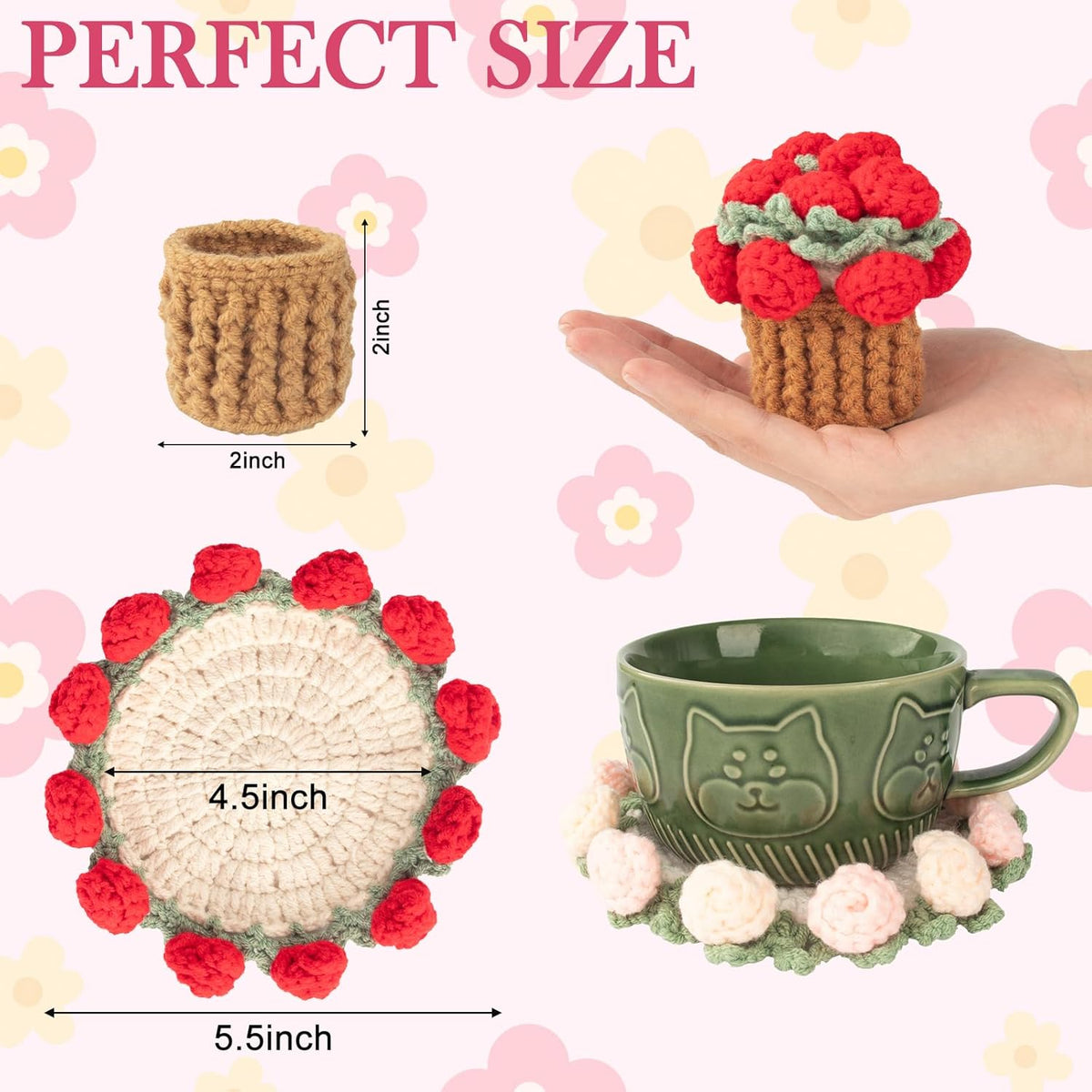 Crochet Flowers Coasters with Basket,Handmade Rose Bouquet Blanket Kawaii Decor Coaster for Desk,Coffee Table,Home Decor,Wedding Gift,Housewarming,Birthda(2Pcs) (Red,Pink)