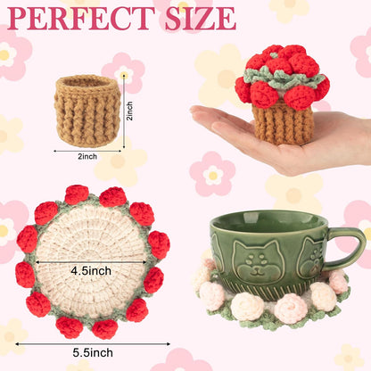Crochet Flowers Coasters with Basket,Handmade Rose Bouquet Blanket Kawaii Decor Coaster for Desk,Coffee Table,Home Decor,Wedding Gift,Housewarming,Birthda(2Pcs) (Red,Pink)