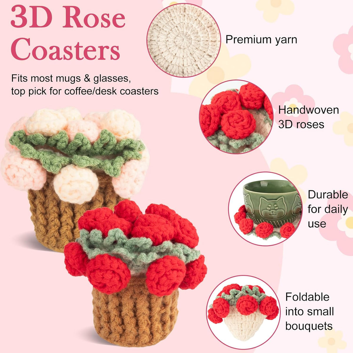 Crochet Flowers Coasters with Basket,Handmade Rose Bouquet Blanket Kawaii Decor Coaster for Desk,Coffee Table,Home Decor,Wedding Gift,Housewarming,Birthda(2Pcs) (Red,Pink)
