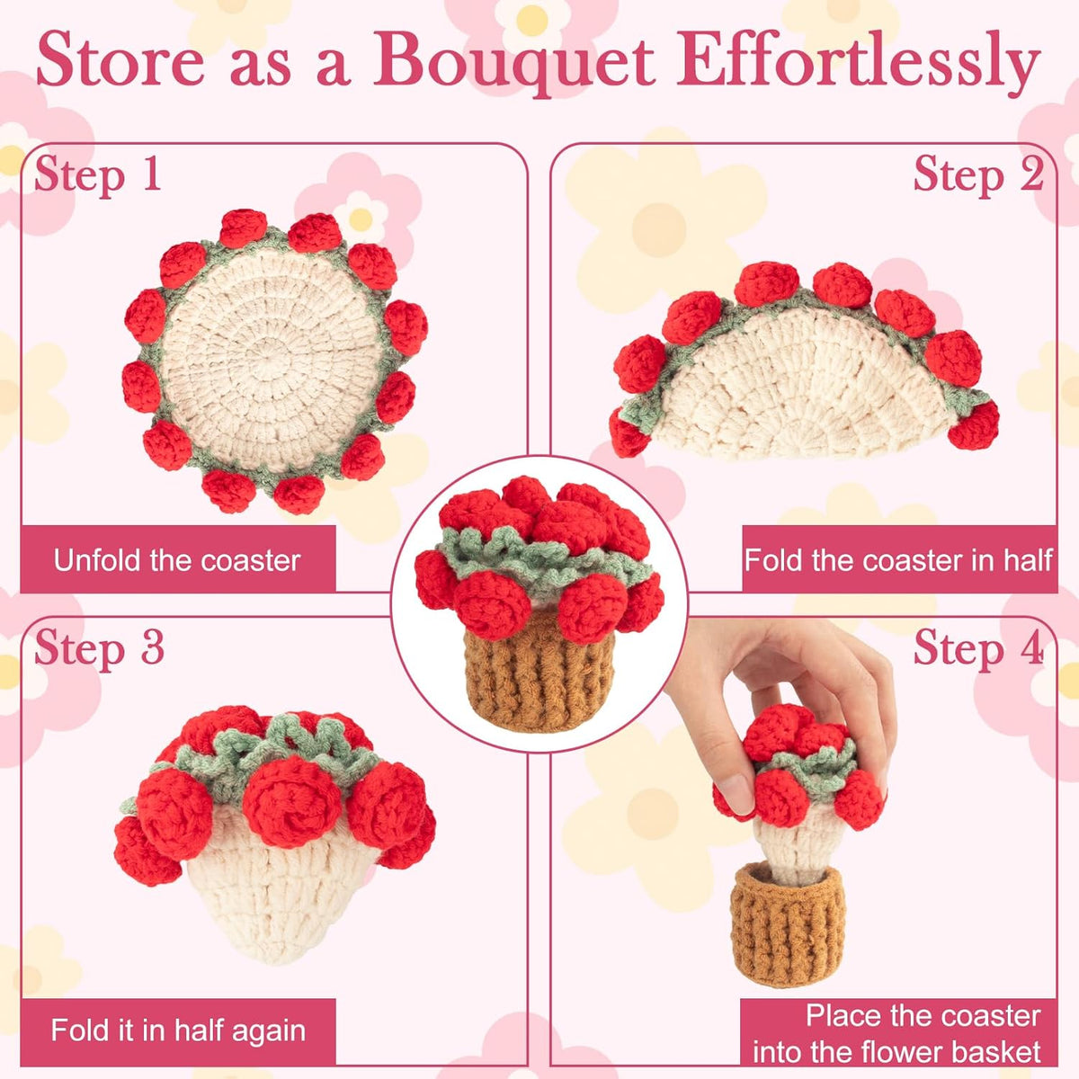 Crochet Flowers Coasters with Basket,Handmade Rose Bouquet Blanket Kawaii Decor Coaster for Desk,Coffee Table,Home Decor,Wedding Gift,Housewarming,Birthda(2Pcs) (Red,Pink)