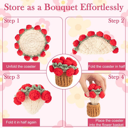 Crochet Flowers Coasters with Basket,Handmade Rose Bouquet Blanket Kawaii Decor Coaster for Desk,Coffee Table,Home Decor,Wedding Gift,Housewarming,Birthda(2Pcs) (Red,Pink)