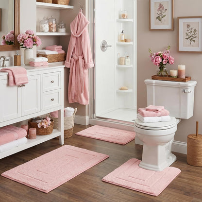 Pink Bathroom Rugs Set 3 Piece, Soft Microfiber Bath Mats