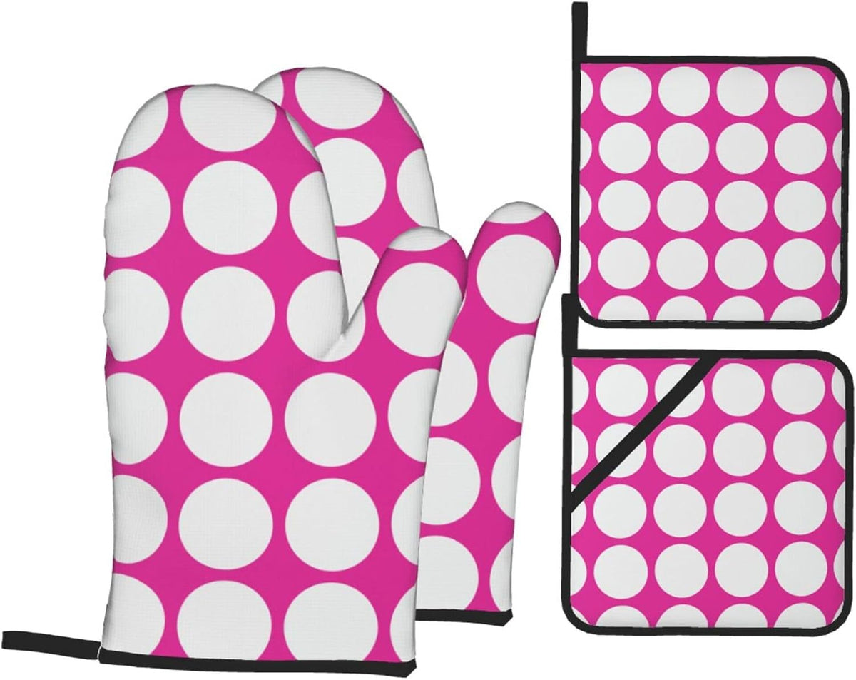 4PCS Oven Mitts and Pot Holders Sets, White Polka Dots Large Geometric Pattern Pink Oven Mitts Set Heat Resistant Kitchen Microwave Gloves Safe for Baking,Cooking, BBQ